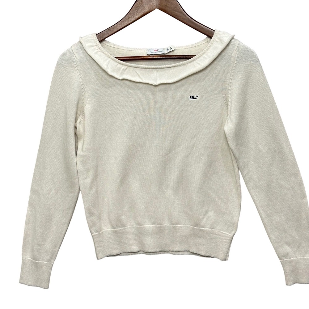 Vineyard Vines Sweater Kids L 14 Cream‎ Ruffle Neck Whale Logo Preppy Classic